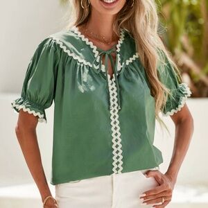 Little Daisy Closet Ric Rac Trim Tie Split Neck Short Sleeve Blouse Mist green